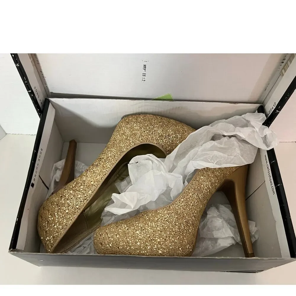 Carlos by Carlos Santana Love Gold Glitter Pumps Heels Size 8.5M Preowned in Box